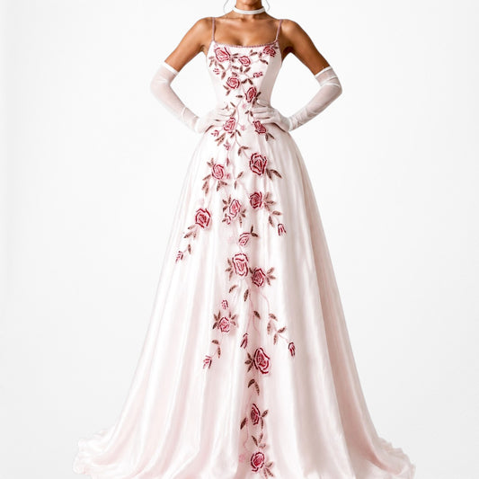 Vintage Pink Floral Beaded Mesh Fit Flared Formal Prom Dress Size S