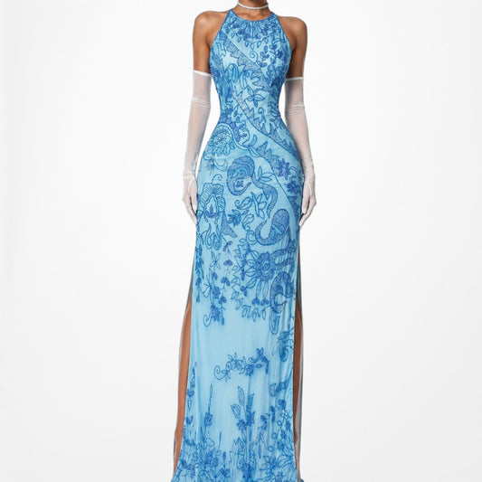 Vintage Blue Beaded Double Slit Bodycon Maxi Formal Prom Dress Size XS/S