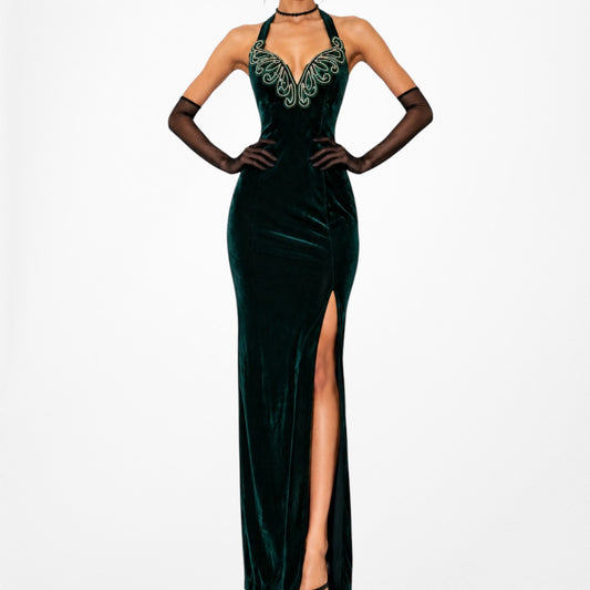 Vintage Green Velvet Sequin Embroidered Side Slit Halter Bodycon Maxi Prom Formal Dress Size S