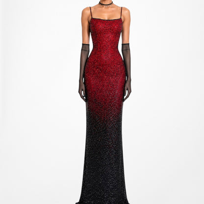 Vintage Burgundy Red Silk Beaded Ombre Bodycon Maxi Prom Dress Size S