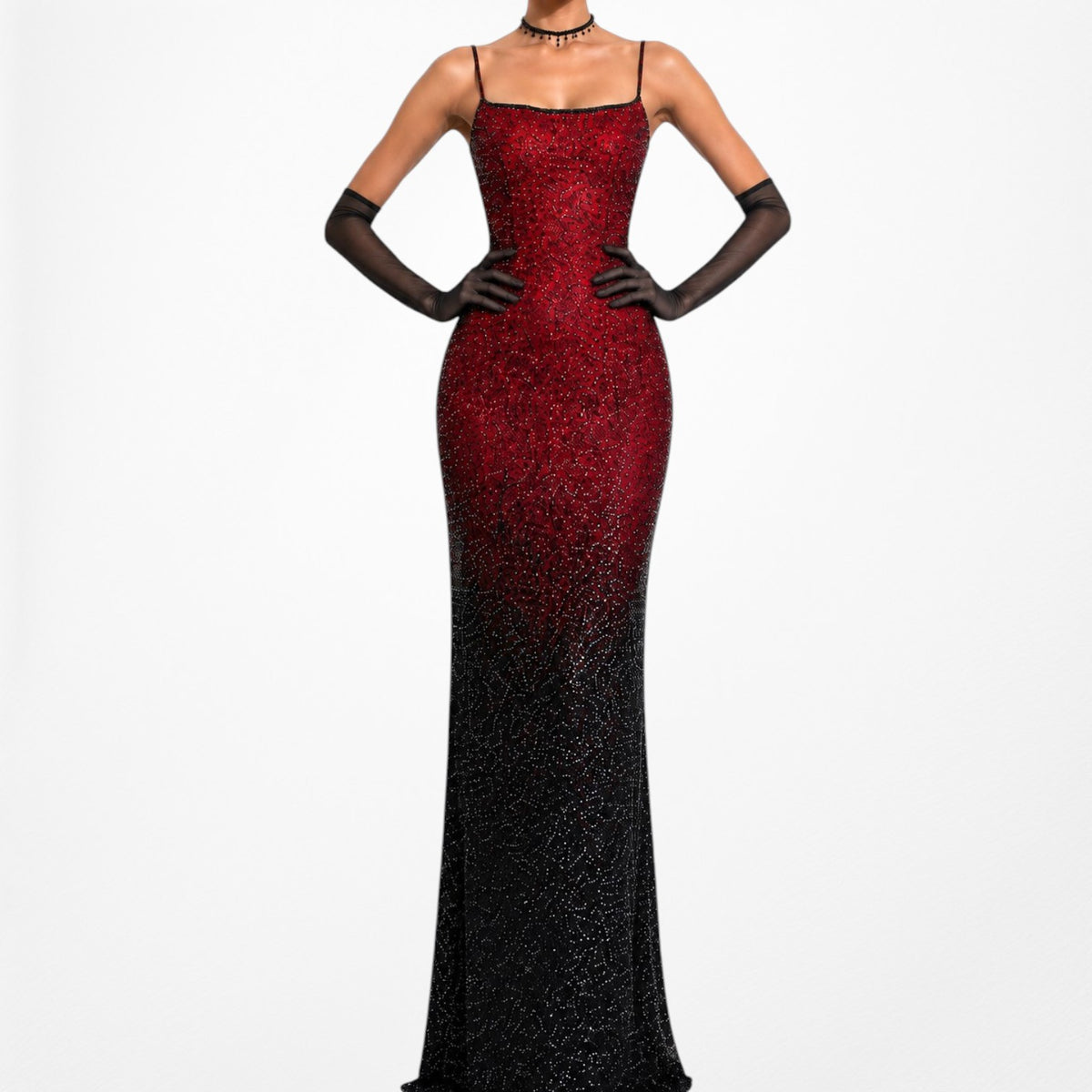 Vintage Burgundy Red Silk Beaded Ombre Bodycon Maxi Prom Dress Size S