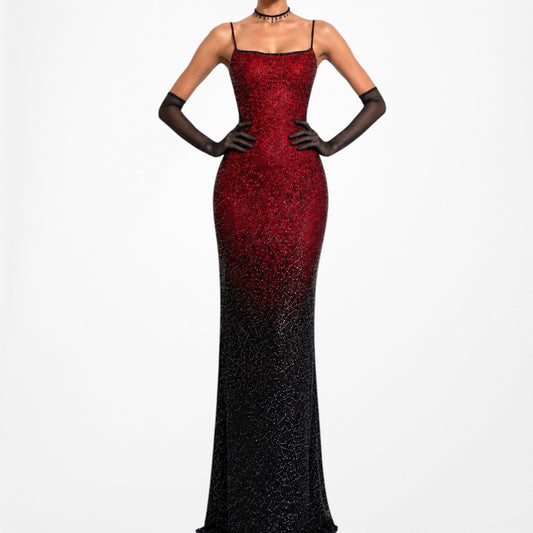 Vintage Burgundy Red Silk Beaded Ombre Bodycon Maxi Prom Dress Size S