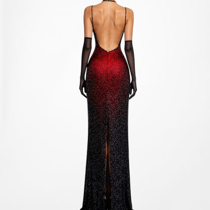Vintage Burgundy Red Silk Beaded Ombre Bodycon Maxi Prom Dress Size S