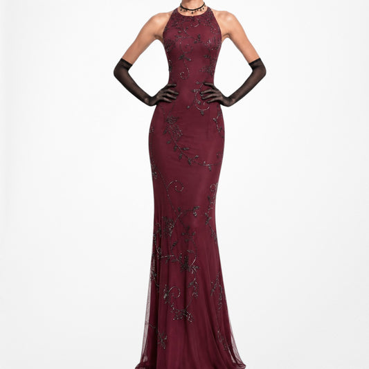 Vintage Burgundy Red Silk Floral Beaded Bodycon Maxi Cocktail Prom Dress Size S