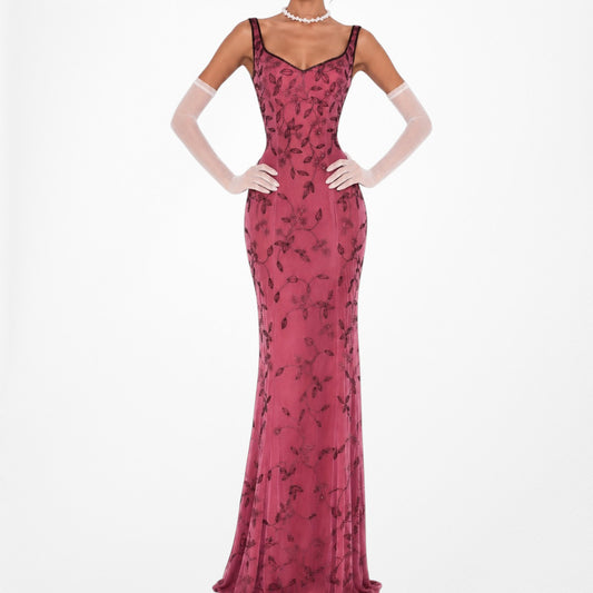 Vintage Pink Floral Beaded Bodycon Maxi Formal Prom Dress Size S