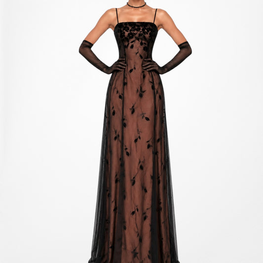 Vintage Y2K 90s Brown Fit Flared Floral Print Velvet Mesh Prom Maxi Dress Size S