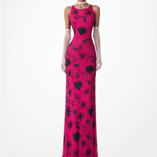 Vintage Y2K Pink Floral Beaded Bodycon Maxi Formal Prom Dress Size L