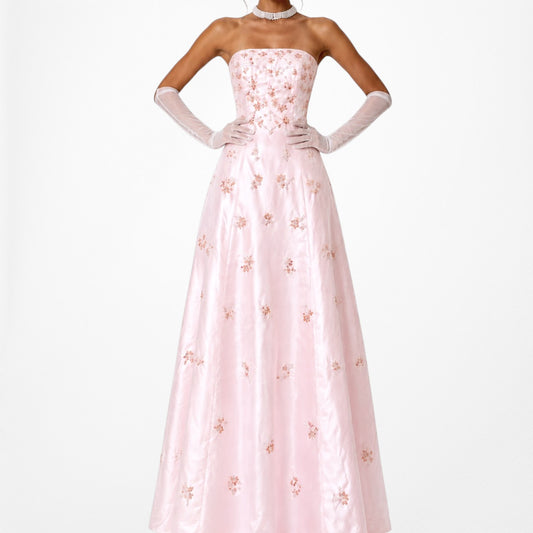 Vintage Y2K Baby Pink Strapless Floral Beaded Flared Maxi Prom Dress Size S