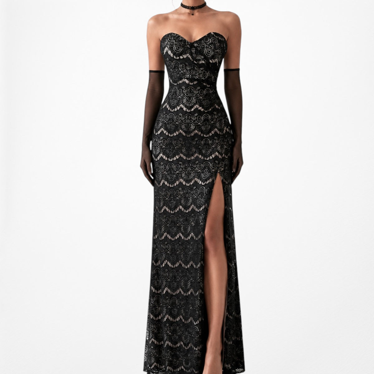 Vintage Black Strapless Lace Bodycon Side Slit Maxi Prom Dress Size XS