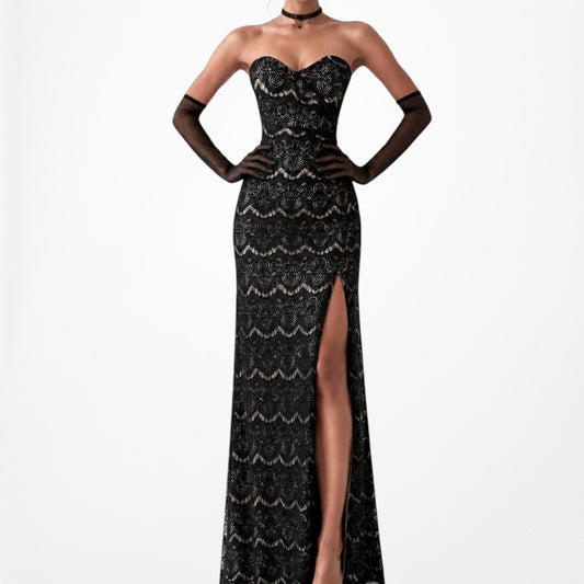 Vintage Black Strapless Lace Bodycon Side Slit Maxi Prom Dress Size XS
