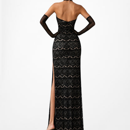 Vintage Black Strapless Lace Bodycon Side Slit Maxi Prom Dress Size XS