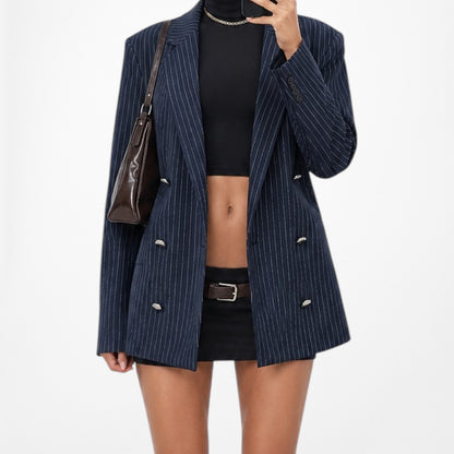 Vintage Y2K Navy Blue Striped Double Breasted Blazer Jacket Suit Size 8/S