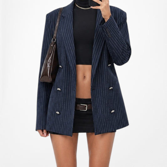 Vintage Y2K Navy Blue Striped Double Breasted Blazer Jacket Suit Size 8/S