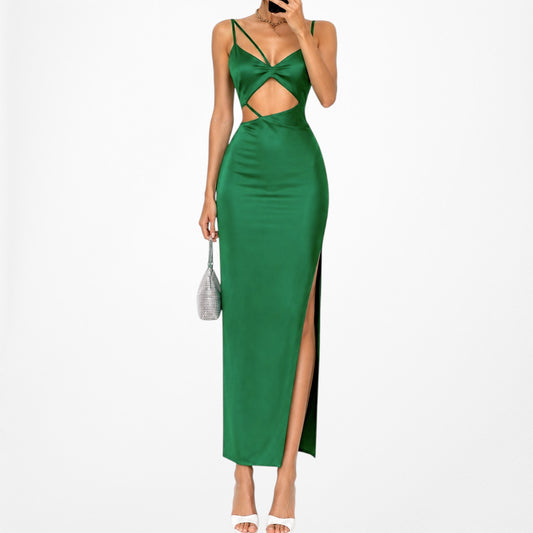 Zara Green Satin Cutout Strappy Side Slit Midi Bodycon Dress Size XS