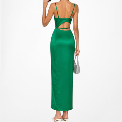 Zara Green Satin Cutout Strappy Side Slit Midi Bodycon Dress Size XS