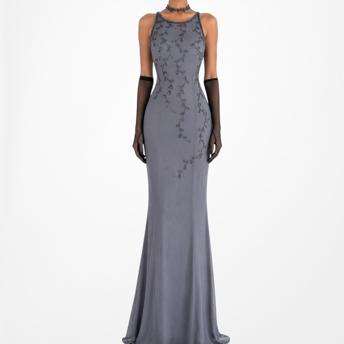 Vintage Gray Floral Beaded Silk Mesh Fishtail Bodycon Maxi Formal Prom Dress Size M