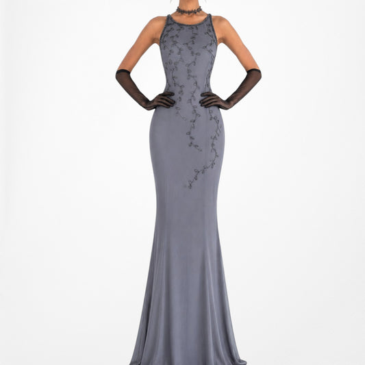 Vintage Gray Floral Beaded Silk Mesh Fishtail Bodycon Maxi Formal Prom Dress Size M