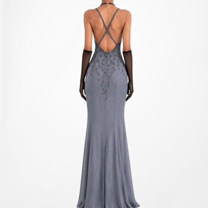 Vintage Gray Floral Beaded Silk Mesh Fishtail Bodycon Maxi Formal Prom Dress Size M