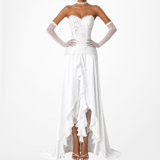 Vintage Y2K White Strapless Floral Beaded Ruffle High Low Maxi Prom Dress Size S