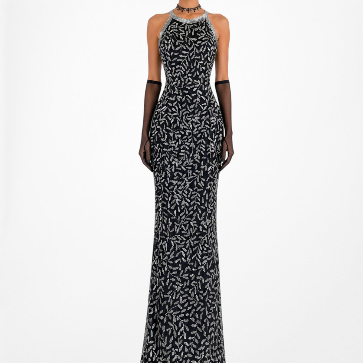 Vintage Black White Silk Floral Beaded Maxi Bodycon Formal Cocktail Dress M