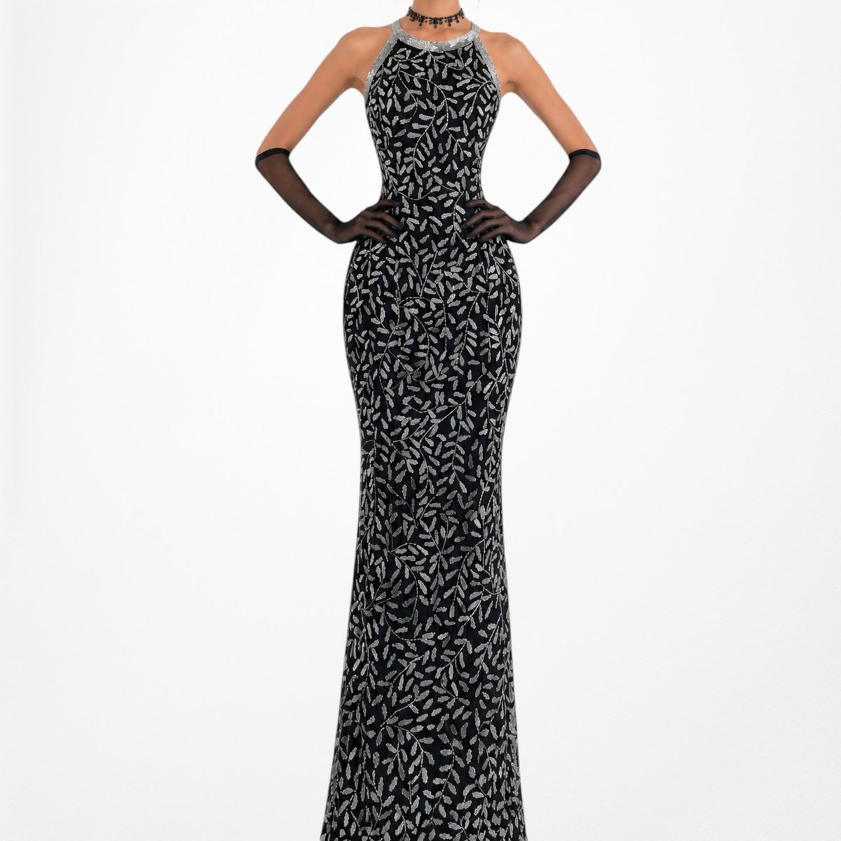 Vintage Black White Silk Floral Beaded Maxi Bodycon Formal Cocktail Dress M
