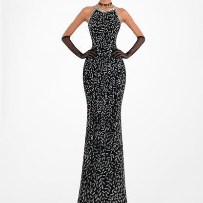 Vintage Black White Silk Floral Beaded Maxi Bodycon Formal Cocktail Dress M