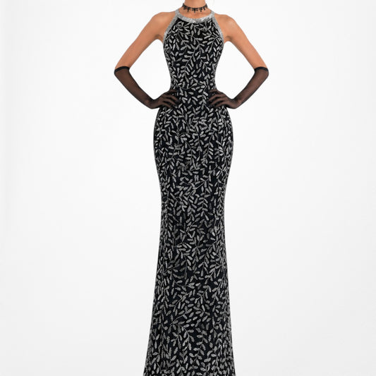 Vintage Black White Silk Floral Beaded Maxi Bodycon Formal Cocktail Dress M