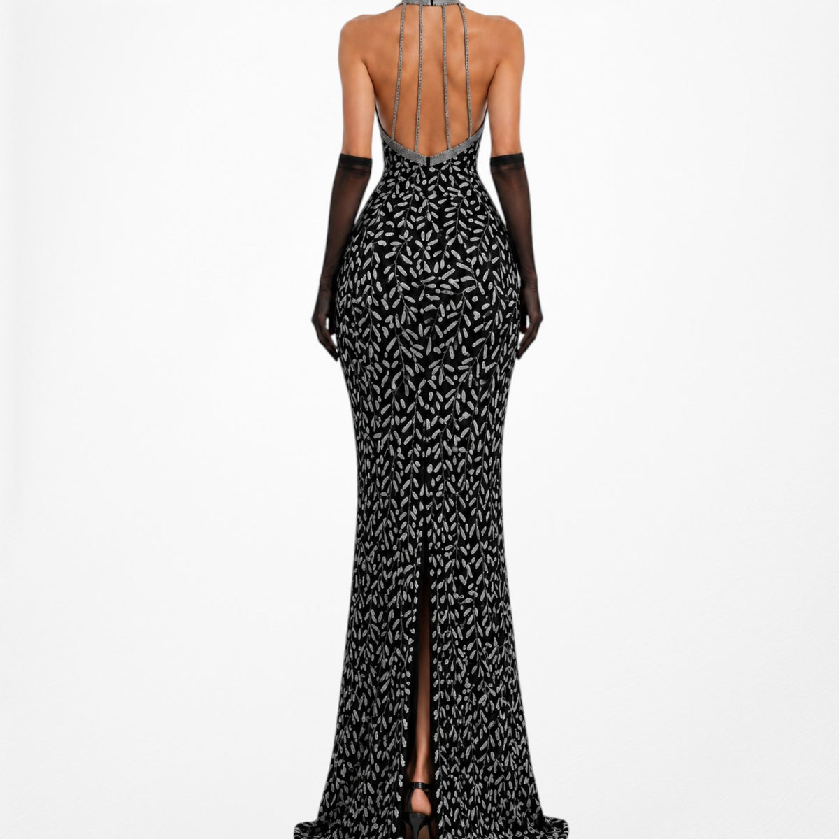 Vintage Black White Silk Floral Beaded Maxi Bodycon Formal Cocktail Dress M