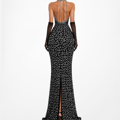 Vintage Black White Silk Floral Beaded Maxi Bodycon Formal Cocktail Dress M
