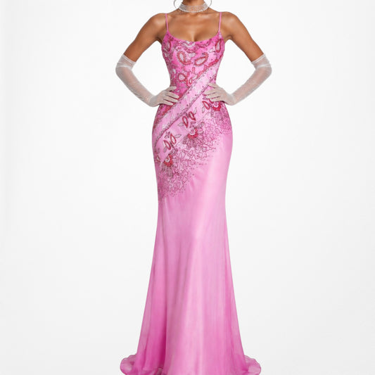 Vintage Pink Floral Beaded Ombre Maxi Bodycon Prom Cocktail Dress Size S