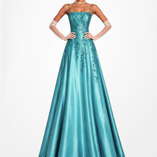Vintage Blue Floral Beaded Fit Flared Maxi Satin Formal Cocktail Prom Dress Size S