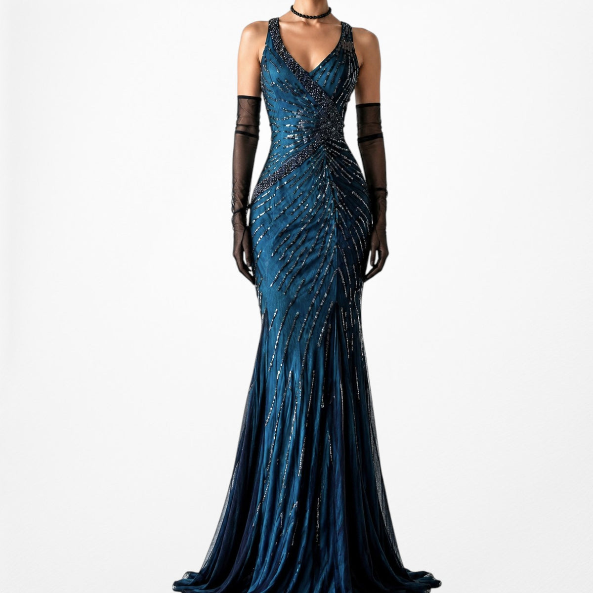 Vintage Blue Black Mesh Beaded Fit Flared Mesh Maxi Cocktail Prom Dress Size S/M