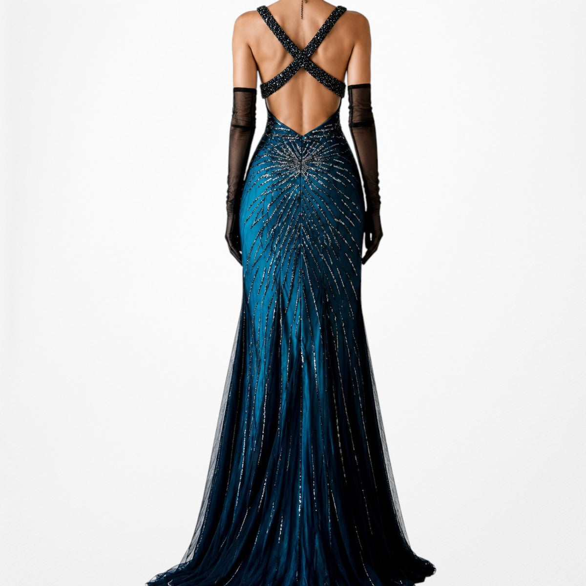 Vintage Blue Black Mesh Beaded Fit Flared Mesh Maxi Cocktail Prom Dress Size S/M