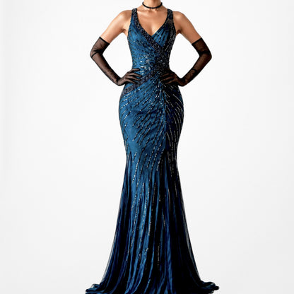 Vintage Blue Black Mesh Beaded Fit Flared Mesh Maxi Cocktail Prom Dress Size S/M