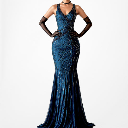 Vintage Blue Black Mesh Beaded Fit Flared Mesh Maxi Cocktail Prom Dress Size S/M