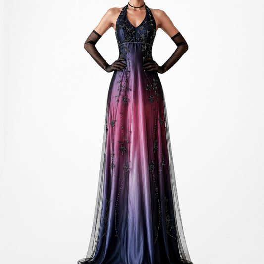 Vintage Purple Blue Floral Beaded Mesh Satin Ombre Fit Flared Maxi Cocktail Formal Prom Dress Size S