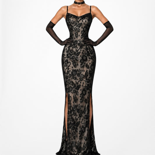 Vintage Brown Black Beaded Side Slit Bodycon Maxi Cocktail Formal Prom Dress Size L