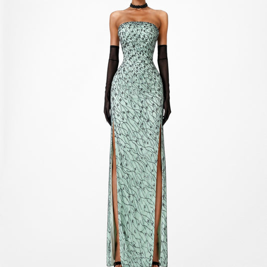 Vintage Green Straples Beaded Side Slit Bodycon Maxi Cocktail Formal Prom Dress Size S