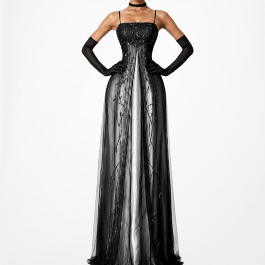 Vintage Black Gray Satin Ombre Mesh Babydoll Floral Beaded Maxi Cocktail Formal Dress Size S/M