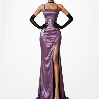 Purple Satin Beaded Maxi Slit Formal Prom Dress Size S