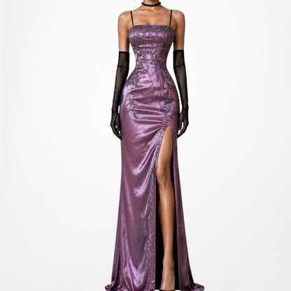 Purple Satin Beaded Maxi Slit Formal Prom Dress Size S