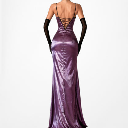 Purple Satin Beaded Maxi Slit Formal Prom Dress Size S