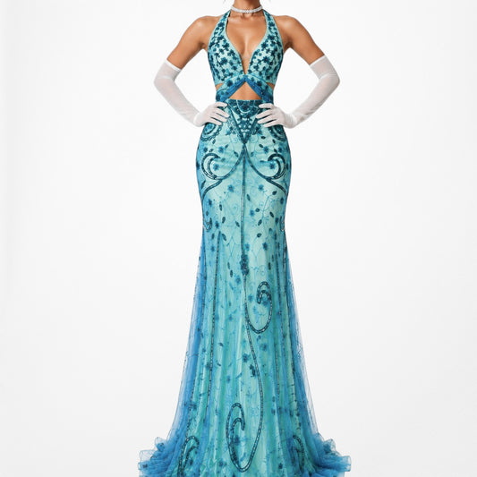 Vintage Blue Halter V-Neck Floral Beaded Mesh Bodycon Flared Cocktail Formal Prom Dress Size XS/S