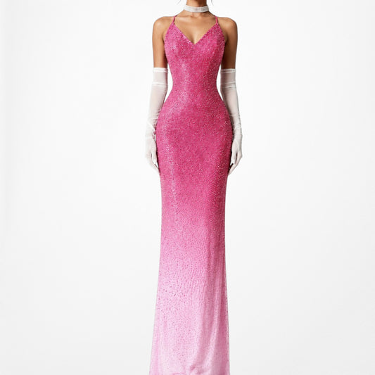 Vintage Pink Silk Beaded Ombre Bodycon Maxi Cocktail Formal Dress Size S