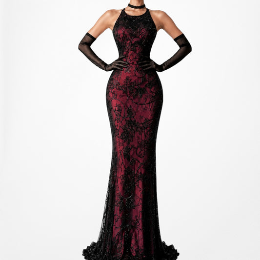 Vintage Burgundy Red Floral Beaded Silk Bodycon Maxi Formal Prom Dress Size S/M