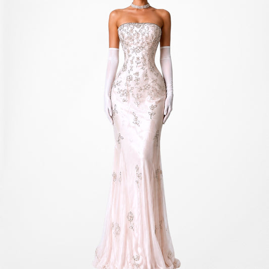 Vintage Pink Strapless Floral Beaded Mesh Bodycon Maxi Cocktail Formal Prom Dress Size S/M