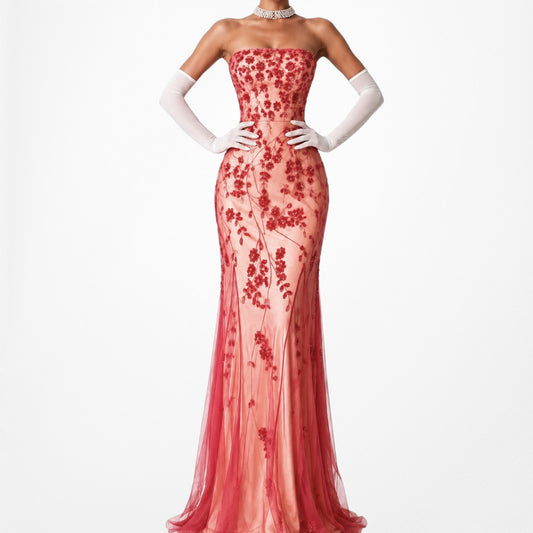 Vintage Orange Strapless Floral Beaded Fit Flared Mesh Maxi Cocktail Formal Prom Dress Size S