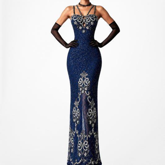 Vintage Navy Blue Silk Beaded Slit Bodycon Maxi Cocktail Prom Dress Size S/M