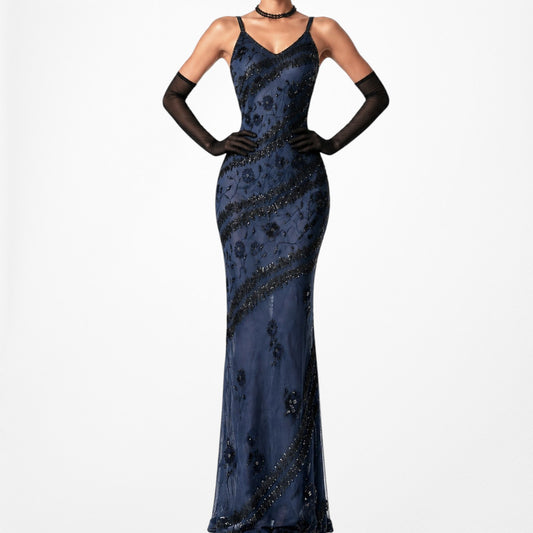 Vintage Navy Blue Floral Beaded Silk Maxi Bodycon Cocktail Formal Prom Dress Size S