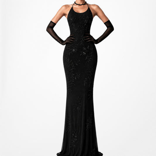 Vintage Black Floral Beaded Knit Maxi Bodycon Halter Cocktail Formal Prom Dress Size M